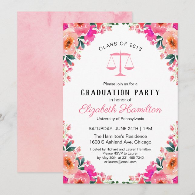 Jurastudium Party Hot Pink Floral Einladung (Vorne/Hinten)