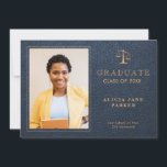 Juristische Abschluss Marine Gold Foto Ankündigung<br><div class="desc">Moderne elegante Luxus Marineblau Leder-Look und Goldlaw School Abschluss Ankündigung Karte Vorlage mit Ihrem individuellen Foto und Text.            Einfach auf beiden Seiten personalisieren!</div>