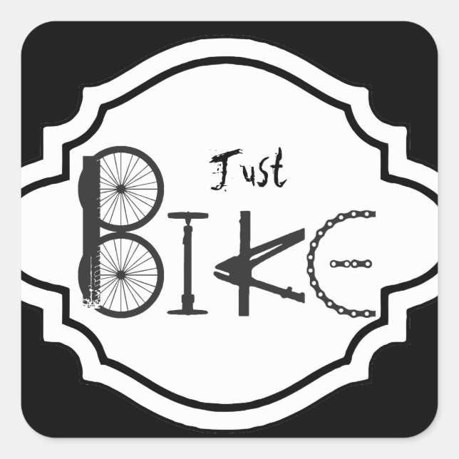"Just Bike" Graffiti aus Fahrradteilen & Reißspure Quadratischer Aufkleber (Vorderseite)