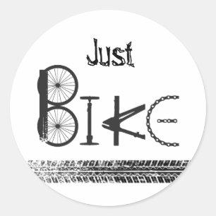 "Just Bike" Graffiti aus Fahrradteilen und Reifens Runder Aufkleber