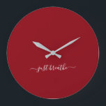Just breathe burgundy elegant script yoga  große wanduhr<br><div class="desc">Modern yoga clock with a chic burgundy background and an elegant hand lettered white script with the quote "just breathe".</div>