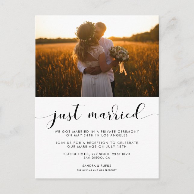 Just heiratete Elegant Foto Ankündigung Postkarte (Vorderseite)