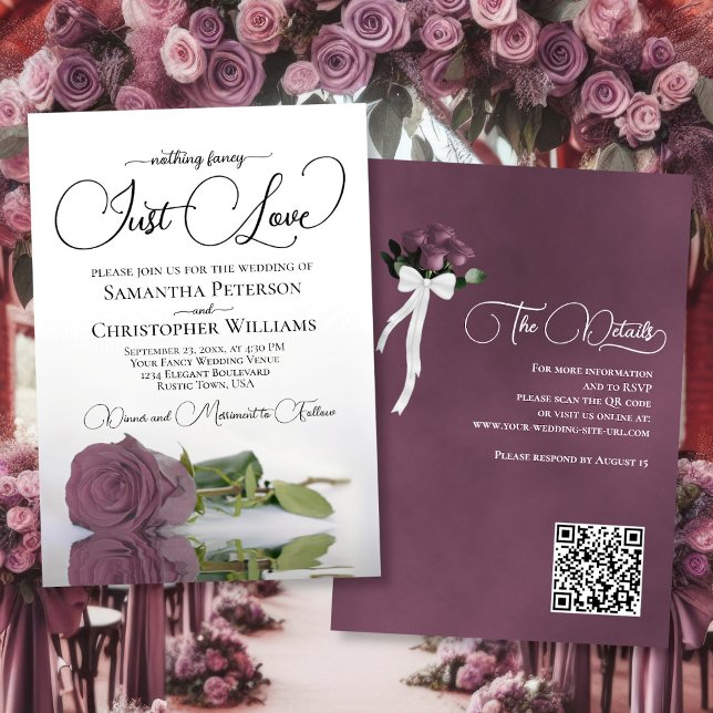 Just Liebe Chic Dusty Mauve Rose QR Code Hochzeit Einladung (Front/Back)