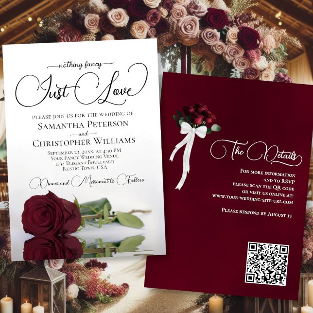 Just Liebe Elegant Burgund Rose QR Code Hochzeit Einladung (Front/Back)