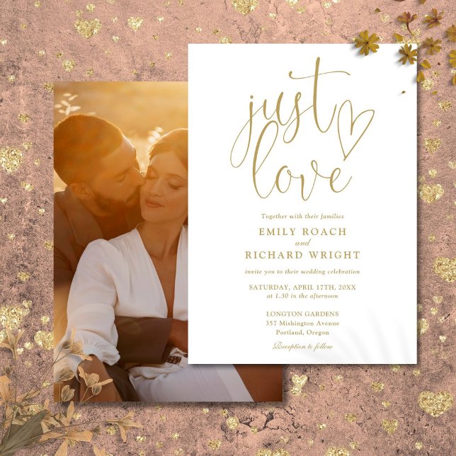 Just Liebe Elegante Script Foto Gold Wedding Einladung (Just Love Elegant Script Photo Gold Wedding Invitation)
