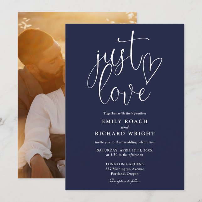 Just Liebe Elegante Script Foto Navy Blue Wedding Einladung (Vorne/Hinten)