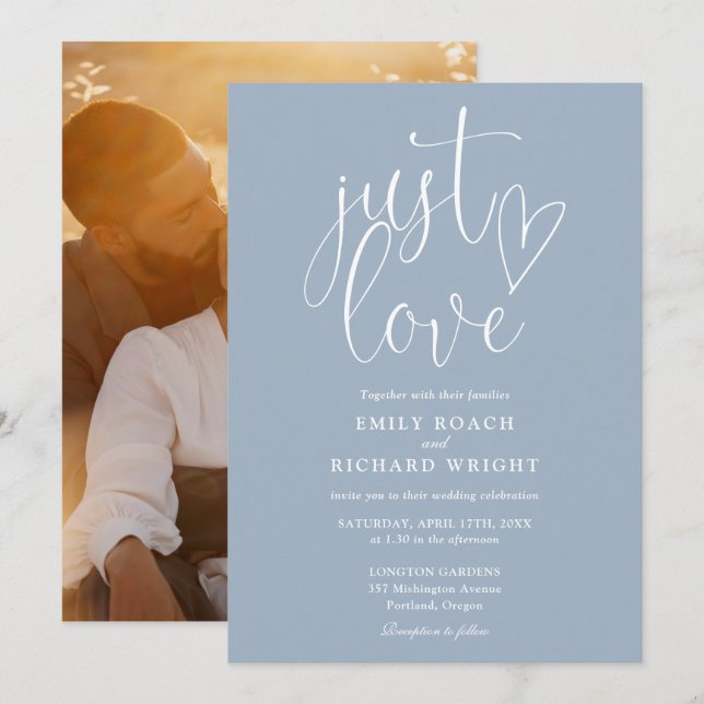 Just Liebe Elegantes Script Foto Dusty Blue Weddin Einladung (Vorne/Hinten)