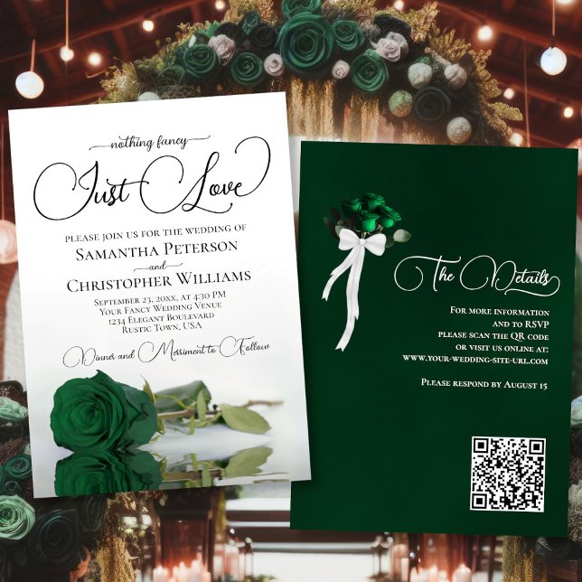 Just Liebe Emerald Green Rose QR Code Hochzeit Einladung (Front/Back)