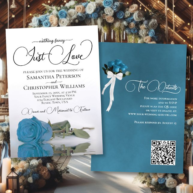 Just Liebe Türkise Sky Blue Rose QR Code Hochzeit Einladung (Front/Back)