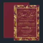 Just Love Burgundy & Gold Autumn Leaves Wedding Einladung<br><div class="desc">This beautiful wedding invitation features a rustic boho chic watercolor background with leaves and foliage in shades of burgundy and gold. The design is elegant, whimsical, and fun, including modern script lettering with swashes and flourishes on the ends of the letters reading "Nothing fancy, just love!" Lovely way to invite...</div>
