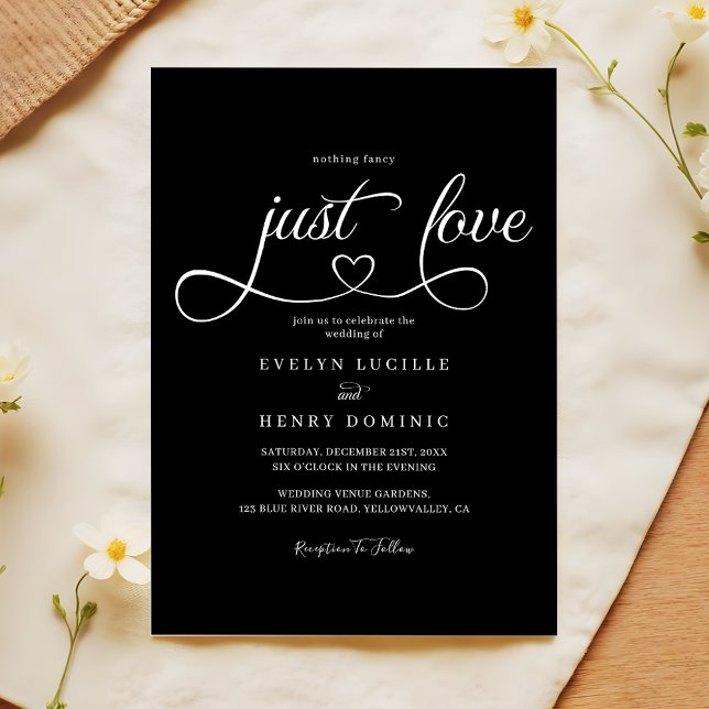 Just Love Heart Script Sleek Black Wedding Einladung (Von Creator hochgeladen)