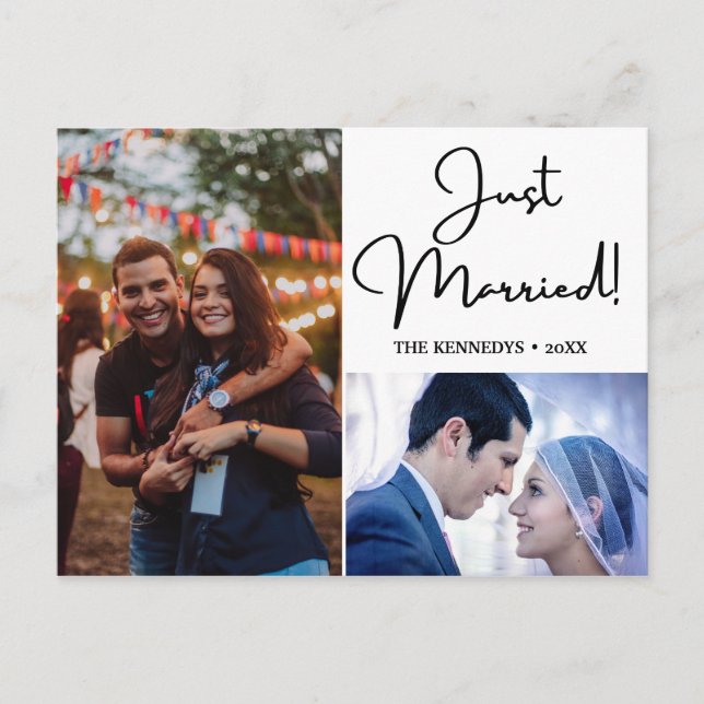 Just Married 2 Foto Collage Hochzeit Ankündigungspostkarte (Vorderseite)