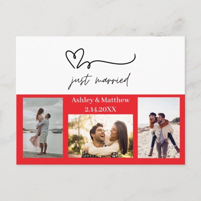 Just Married 3 Foto Hochzeit Ankündigung Postkarte (Vorderseite)