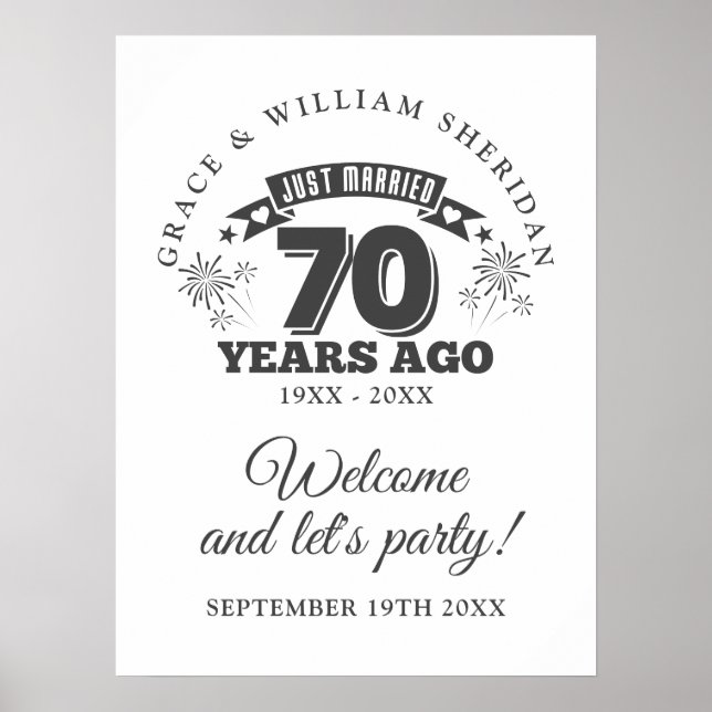 Just Married 70. Wedding Jubiläum Begrüßungszeiche Poster (Vorne)
