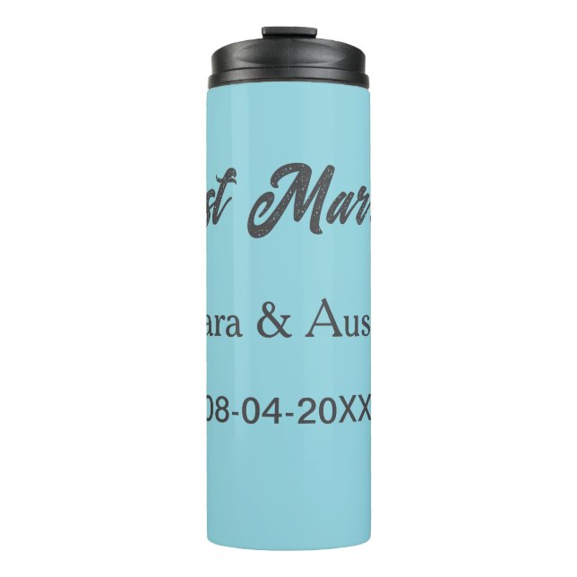 Just Married add couple name date year wedding sim Thermosbecher (Vorderseite)
