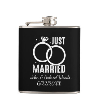 Just married add names date Bride Groom Flachmann