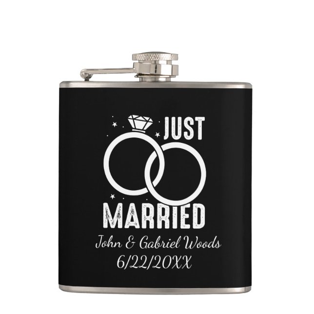 Just married add names date Bride Groom Flachmann (Vorderseite)