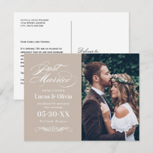 Just Married Beige Elegant Wedding Foto Ankündigungspostkarte