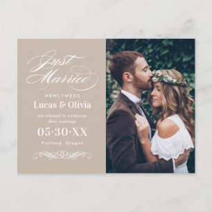 Just Married Beige Elegant Wedding Foto Ankündigungspostkarte