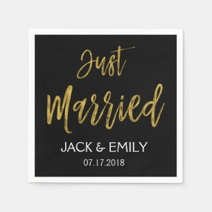 Just Married Black and Gold Foil Napkins Serviette
