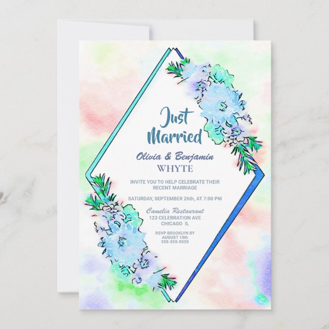 Just Married Blue Floral Hochzeitsempfang Einladung (Vorderseite)