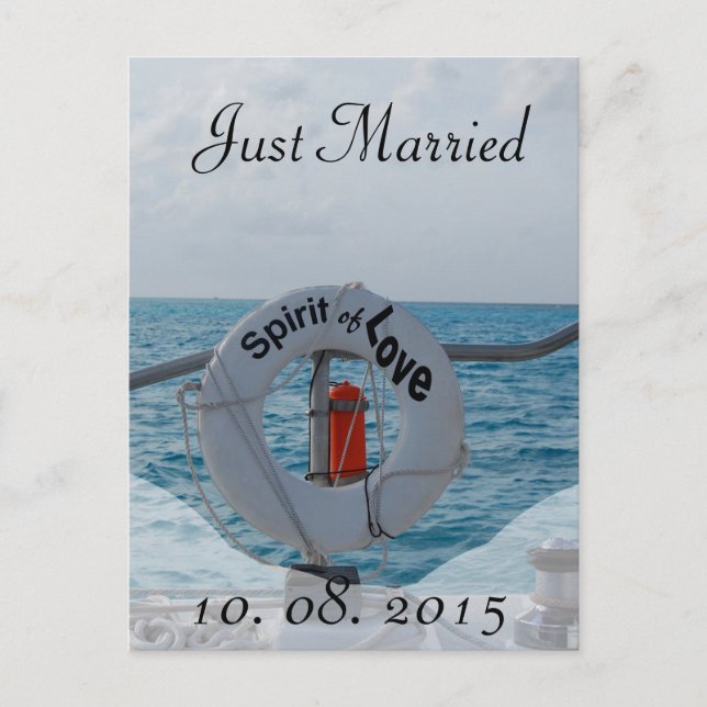 Just Married Boat Hochzeitsankündigung Ankündigungspostkarte (Vorderseite)