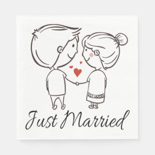 Just Married Bride Groom Cartoon Black Wedding Serviette