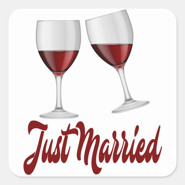 Just Married Burgundy Red Wine Glasses Quadratischer Aufkleber (Vorderseite)