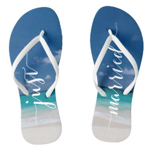 Just Married Calligraphy Beach Wedding Flip Flops
