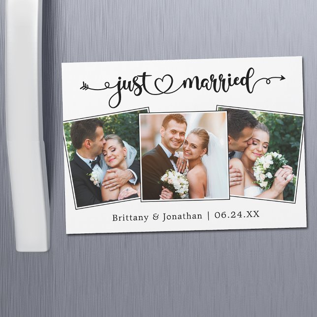 Just Married Calligraphy Heart 3 Photo Magnet Card (Customize to change your personalized text size or text style.)