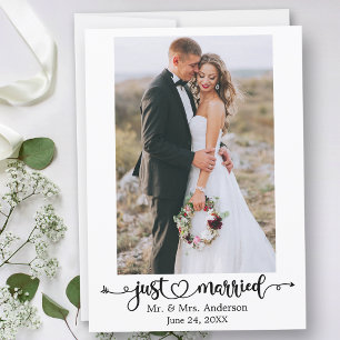 Just Married Calligraphy Heart Foto Wedding Ankündigung