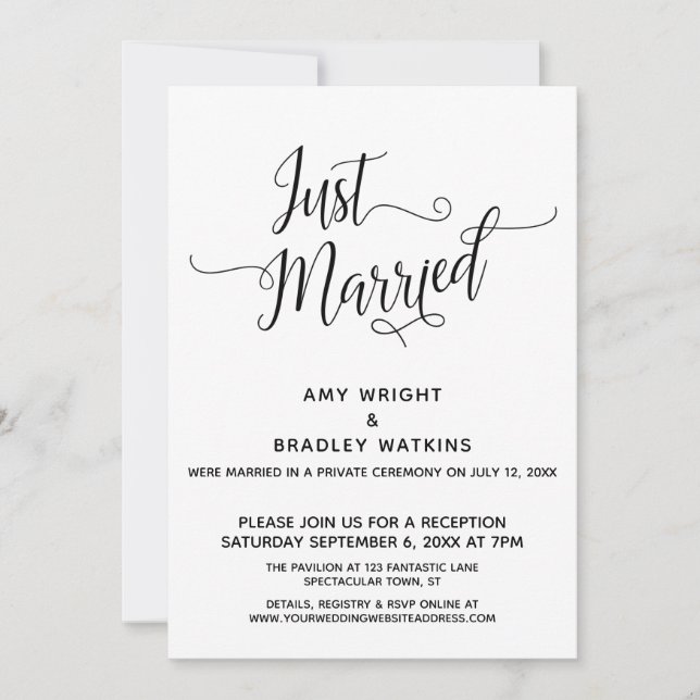 Just Married Elegant Calligraphy Empfang-Only Einladung (Vorderseite)