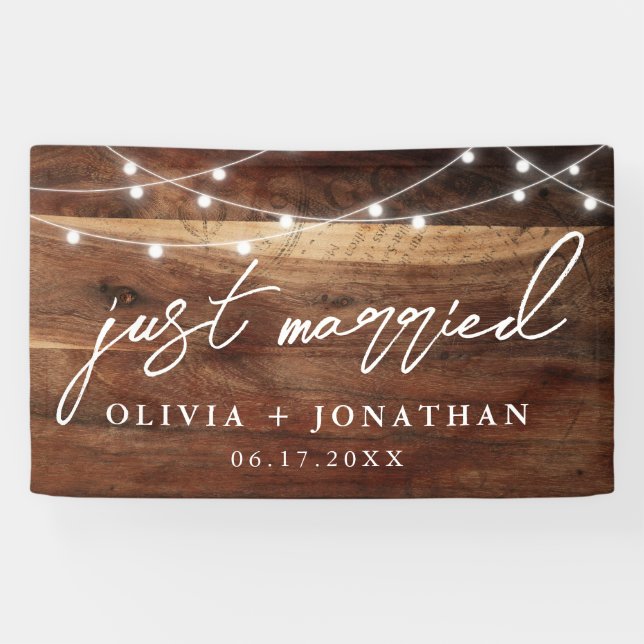 Just Married Elegant Calligraphy Rustic Wedding Banner (Horizontal)