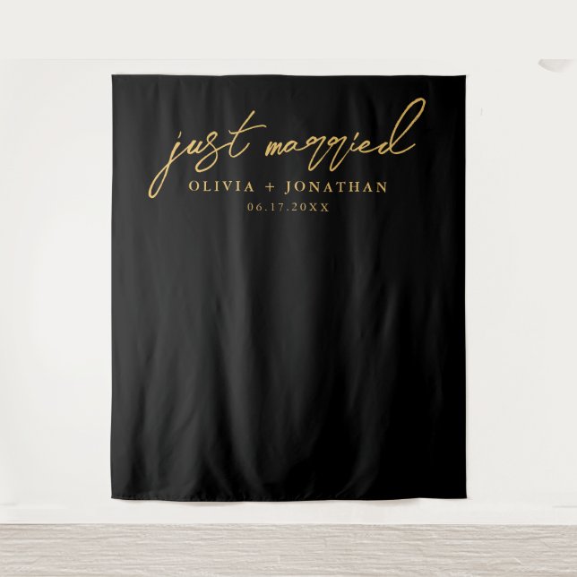 Just Married Elegant Calligraphy Wedding Backdrop Wandteppich (Vorderseite)
