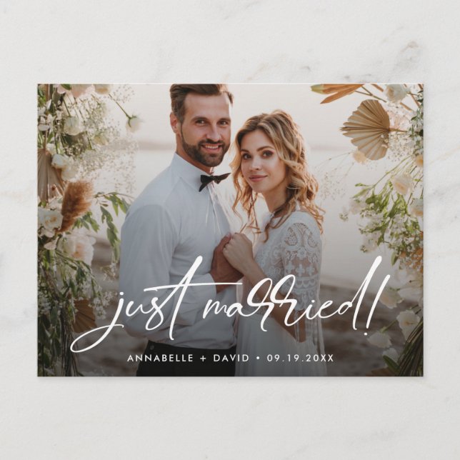 Just Married Elegantes Foto Hochzeit Postkarte (Vorderseite)