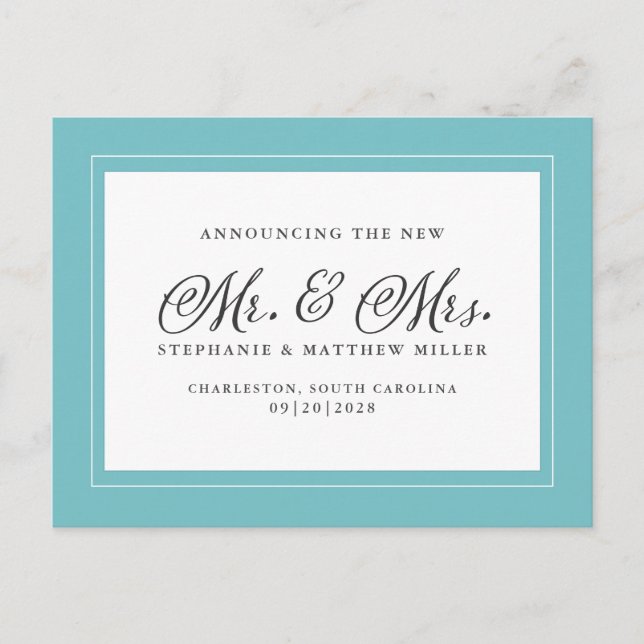 Just Married Elopement Aqua Green Einladungspostkarte (Vorderseite)