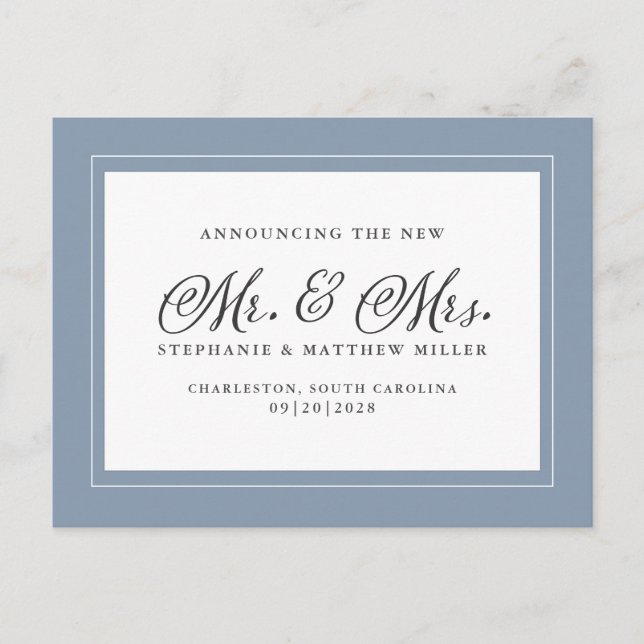 Just Married Elopement Dusty Blue White Elegant Einladungspostkarte (Vorderseite)