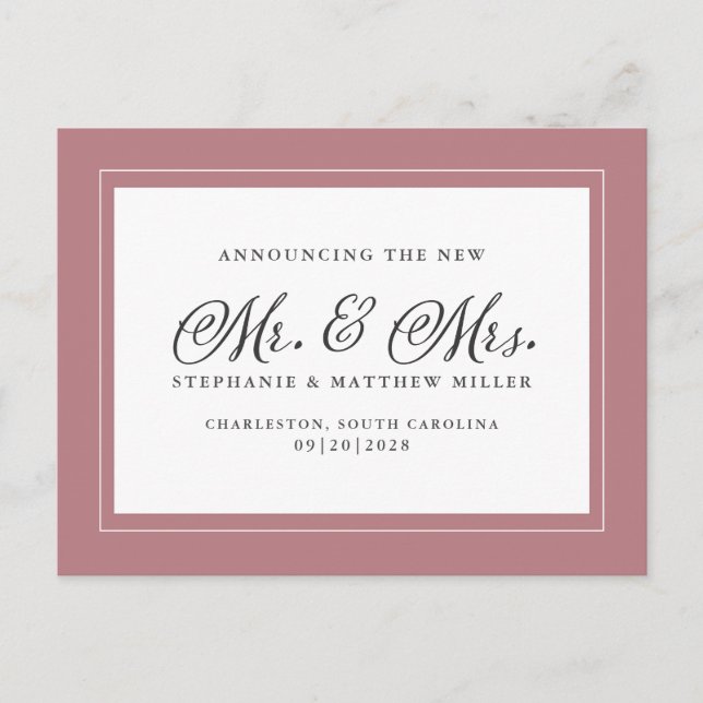 Just Married Elopement Dusty Rose Rosa Elegant Einladungspostkarte (Vorderseite)