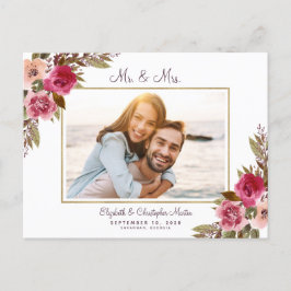 Just Married Elopement Foto Lila Floral Elegant Einladungspostkarte