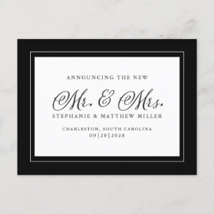 Just Married Elopement Schwarz-weiß Chic Elegante Einladungspostkarte