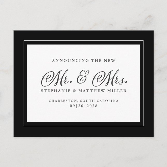Just Married Elopement Schwarz-weiß Chic Elegante Einladungspostkarte (Vorderseite)