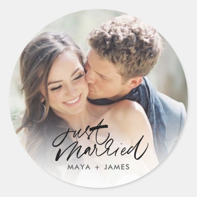 Just Married Foto Gastgeschenk Hochzeit Runder Aufkleber (Vorderseite)