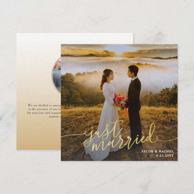 Just Married Foto Gold Type Wedding Ankündigung (Vorne/Hinten)