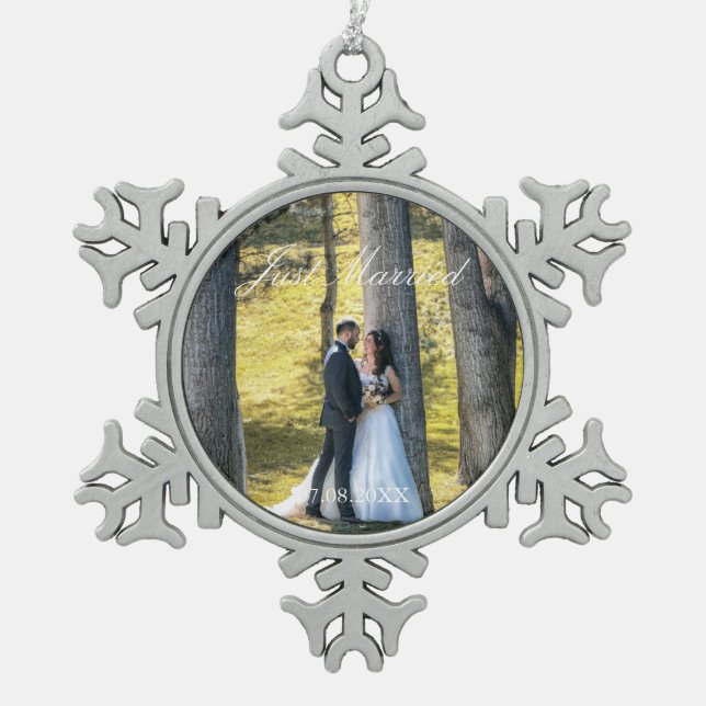 Just Married Foto Schneeflocken Zinn-Ornament (Vorderseite)