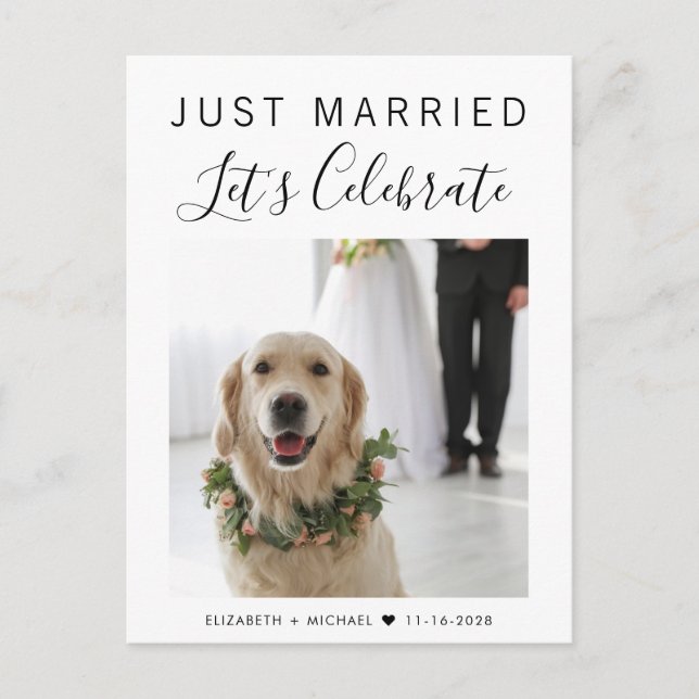 Just Married Foto Wedding Party Ankündigungspostkarte (Vorderseite)