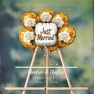 Just Married Gold Balloons White Roses Acrylschild