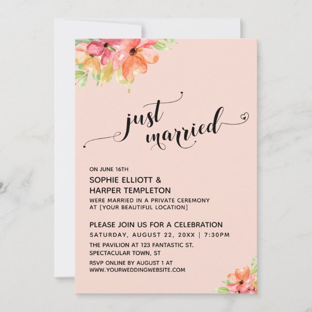 Just Married Hearts Script Blush Boho Blume Einladung (Vorderseite)