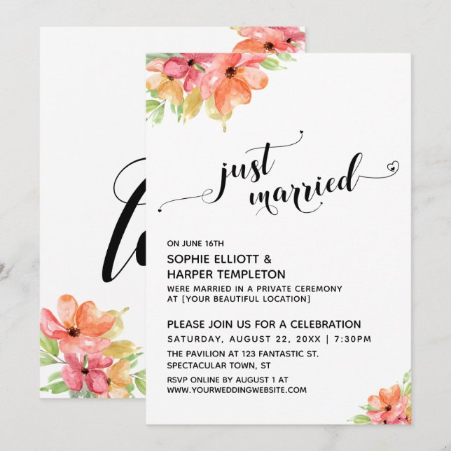 Just Married Hearts Script Watercolor Blume Einladung (Vorne/Hinten)
