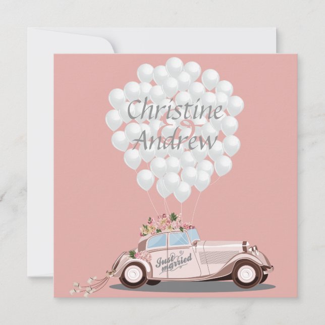 "Just Married" Hochzeitswagen & Balloons Post Hoch Einladung (Vorderseite)