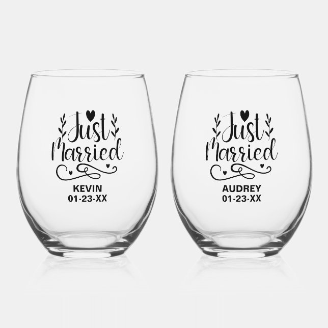 Just Married Keepake Weinglas Ohne Stiel (Vorderseite)